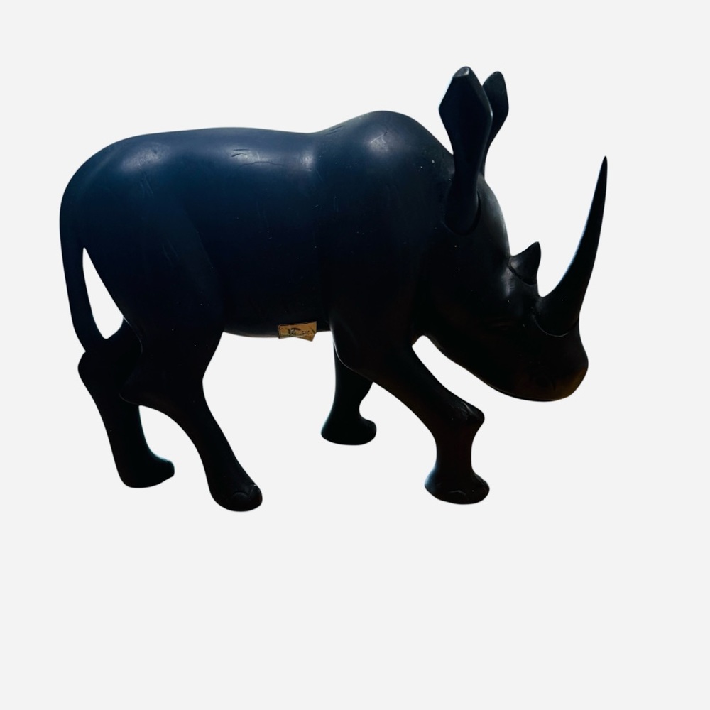 Black Wood Hand Crave African Rhino Rhinoceros Sculpture Figurine 13x7.5"